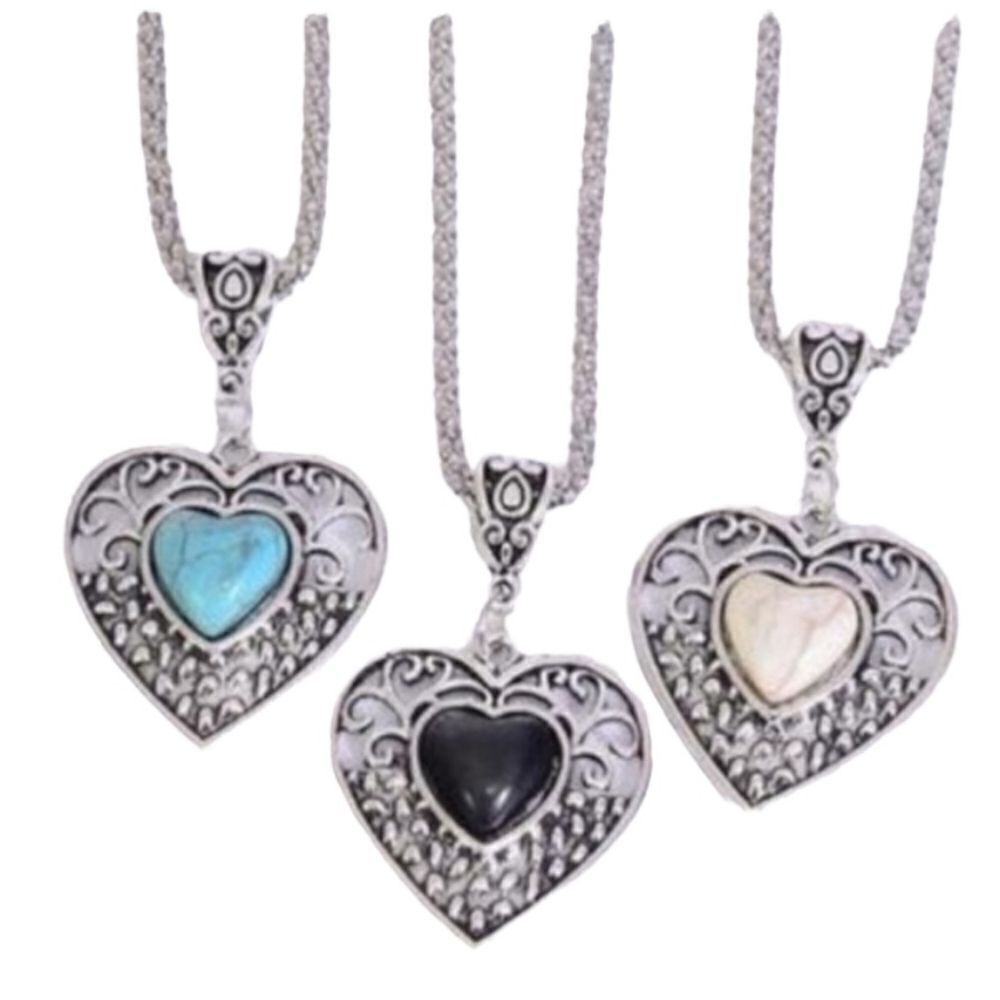 Filigree Heart Necklace Silver Ivory Black Turquoise